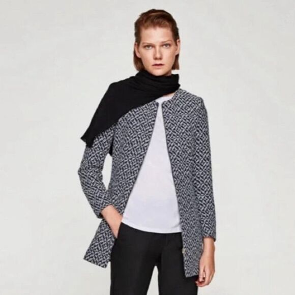 ✨Zara Classic Minimalist Tweed Blue White Zip Up Sz Medium Peacoat✨ - Picture 2 of 10